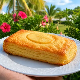 Folhado de peito de peru com requeijão servido em prato branco no jardim da Casa Encantada