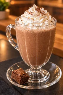 Chocolate gelado cremoso com chantilly artesanal e raspas de chocolate, servido em taça de vidro.